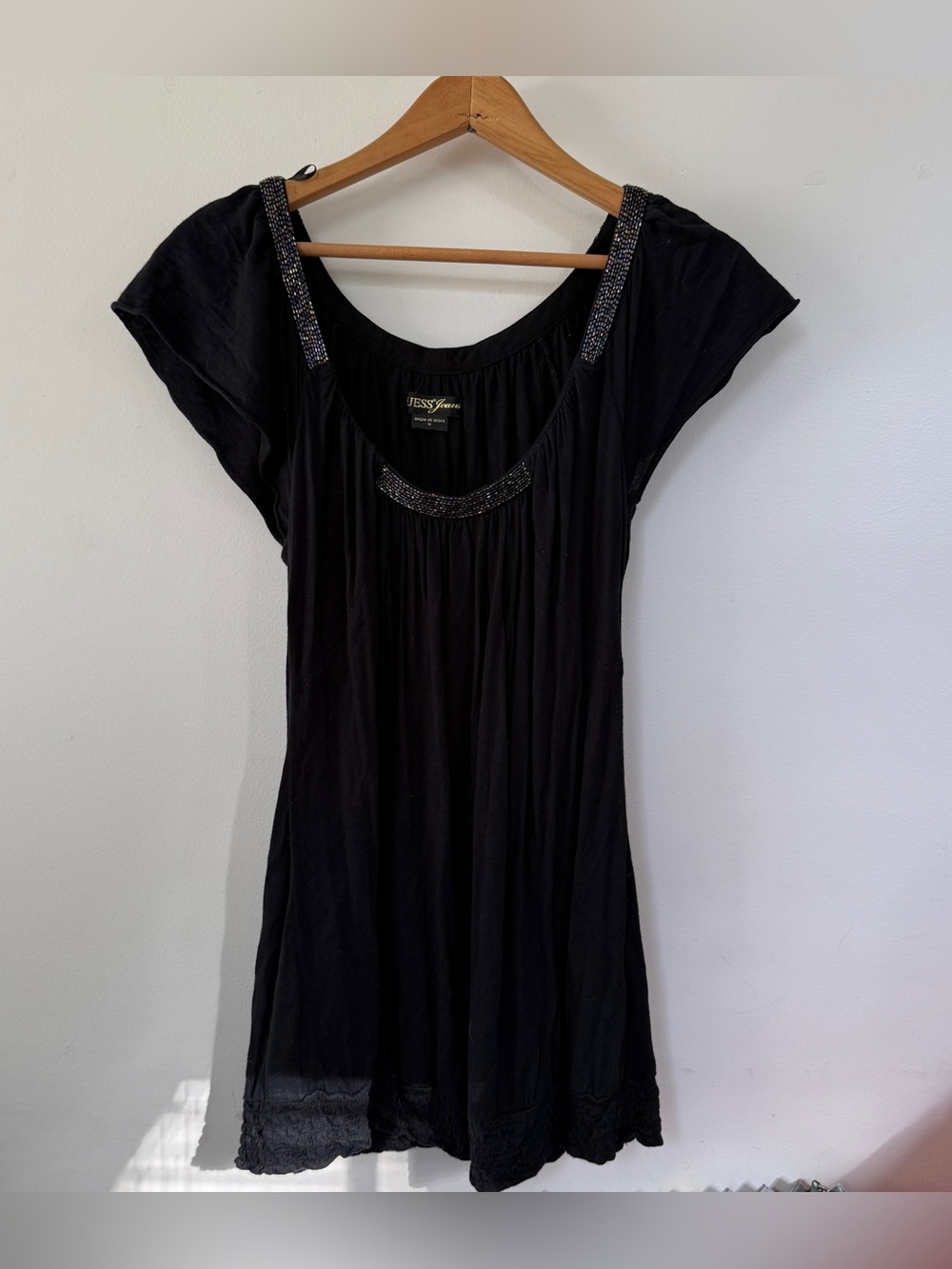 Vintage Y2K Guess Jeans Beaded Black Scoop Neck Going Out Top Bubble Long Length
